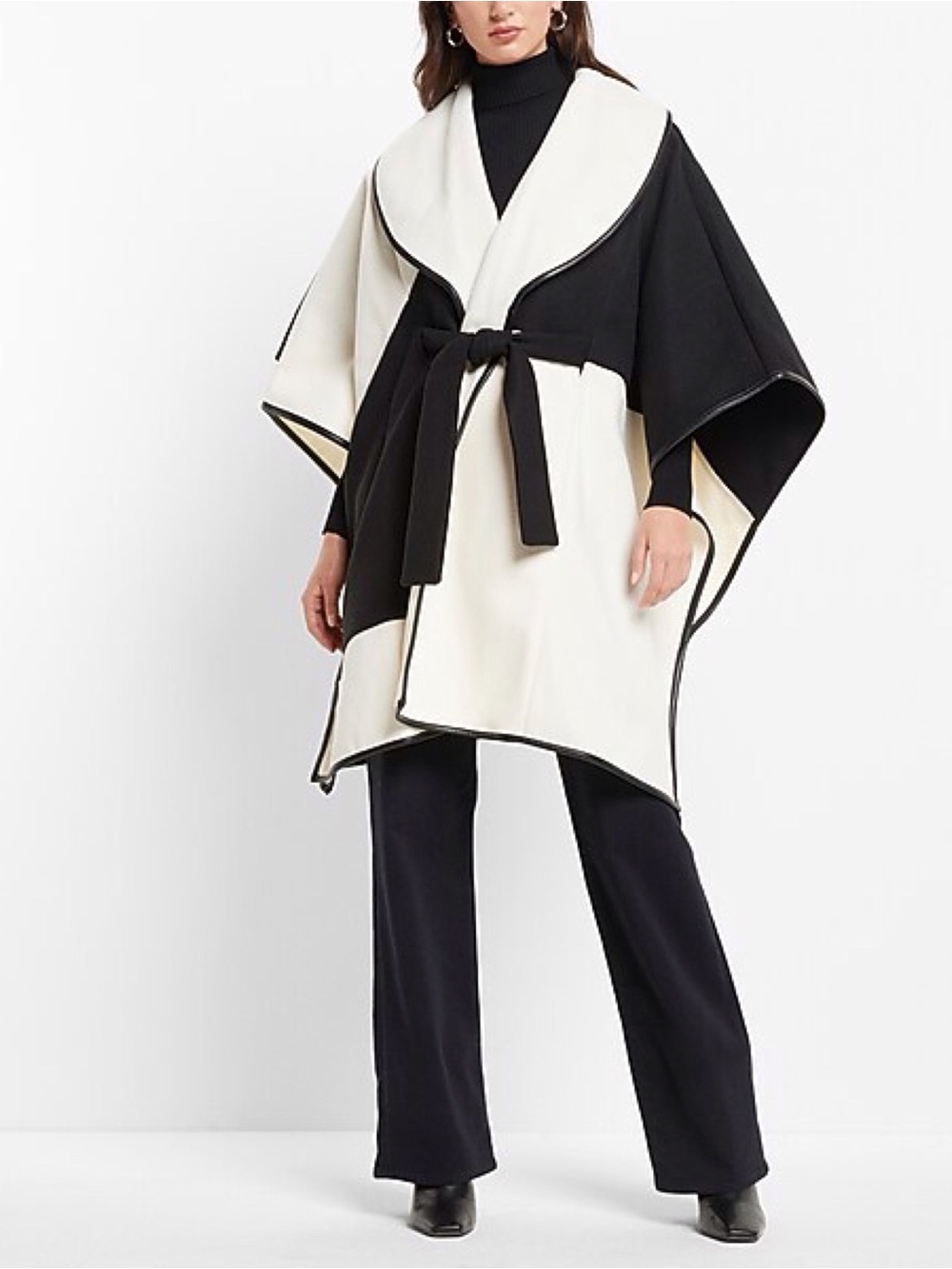 Express Contrast Trim Geometric Shawl Collar Quiet Luxury Cape Coat Black Cream